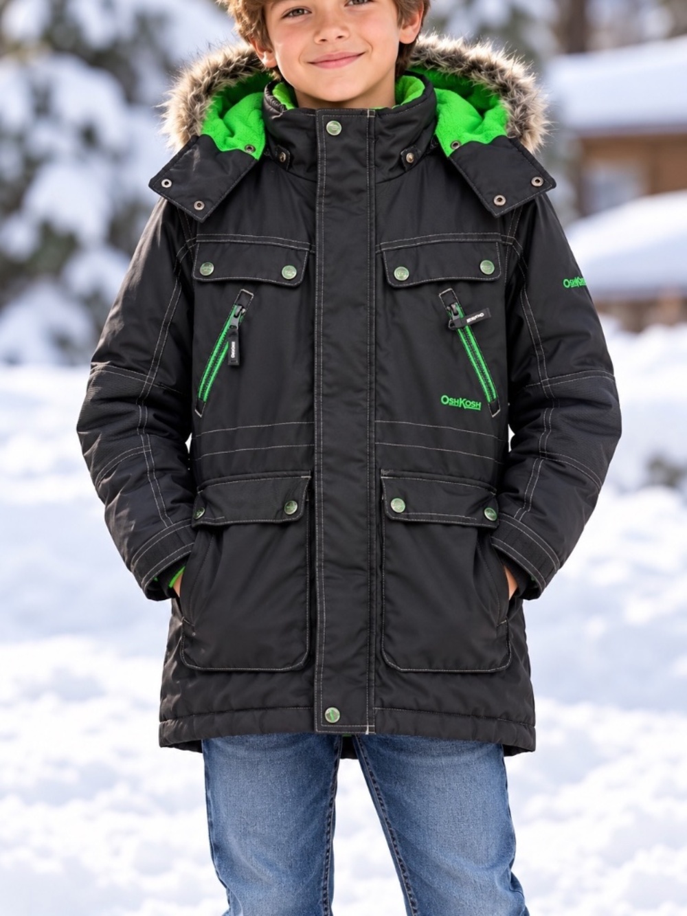 OshKosh B'Gosh Winter Parka Boys Size 10 Black Green Faux Fur Trimmed Hood
